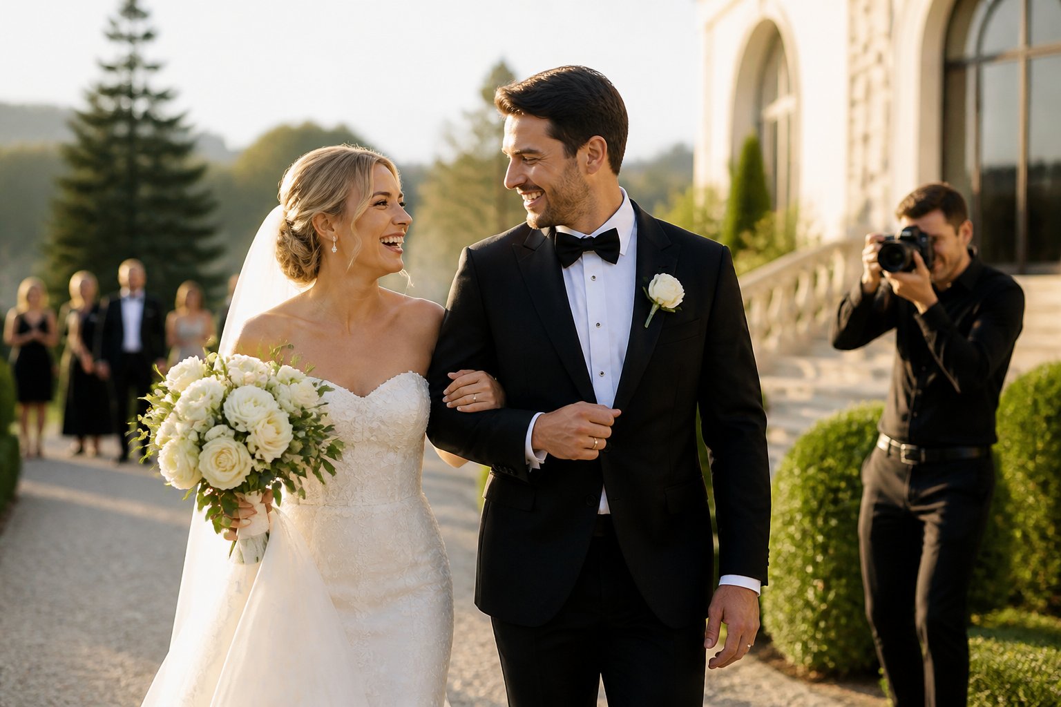 A newlywed couple laughs together while walking through a garden as a photographer captures the moment.