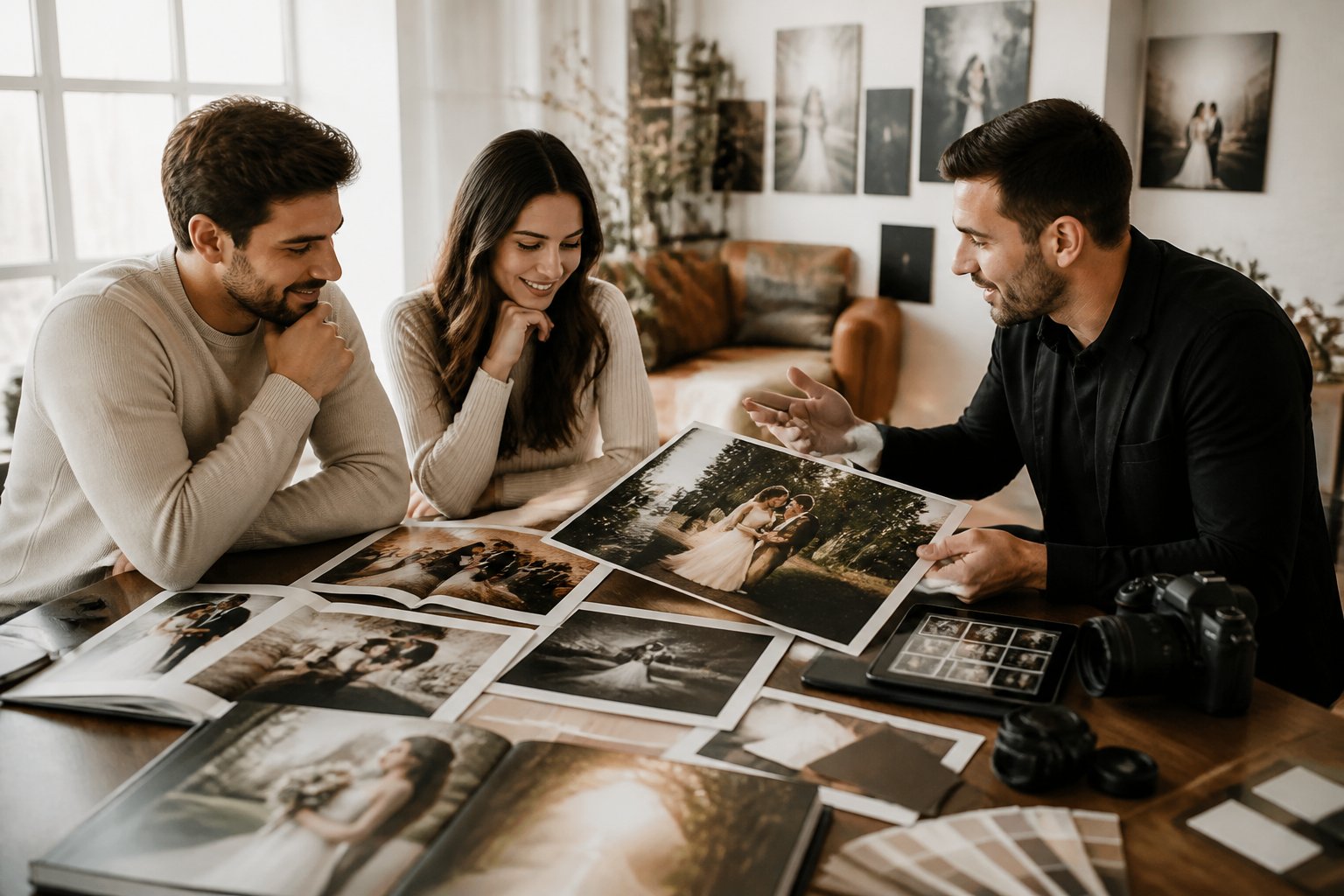 An engaged couple reviews wedding photographs with a professional photographer at a consultation table.