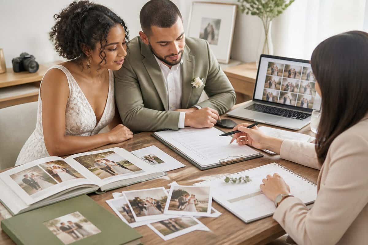 A couple reviews wedding photography materials and a schedule at a neatly organized table.