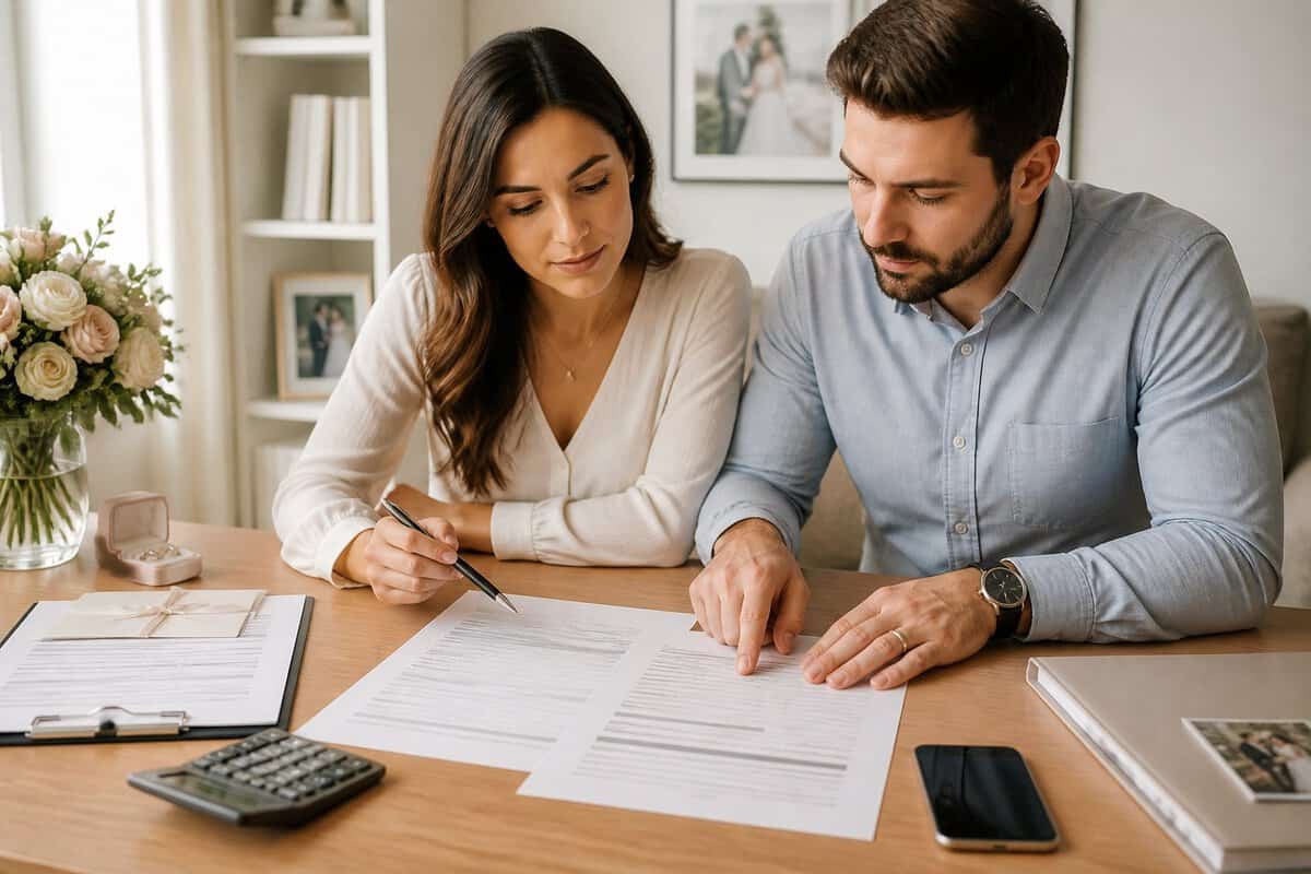 A couple reviews wedding photography contract papers together at a desk with a calculator and pen.