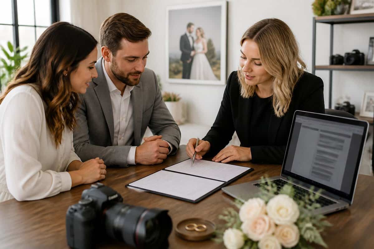 A wedding photographer reviews a contract with an engaged couple at a consultation table.