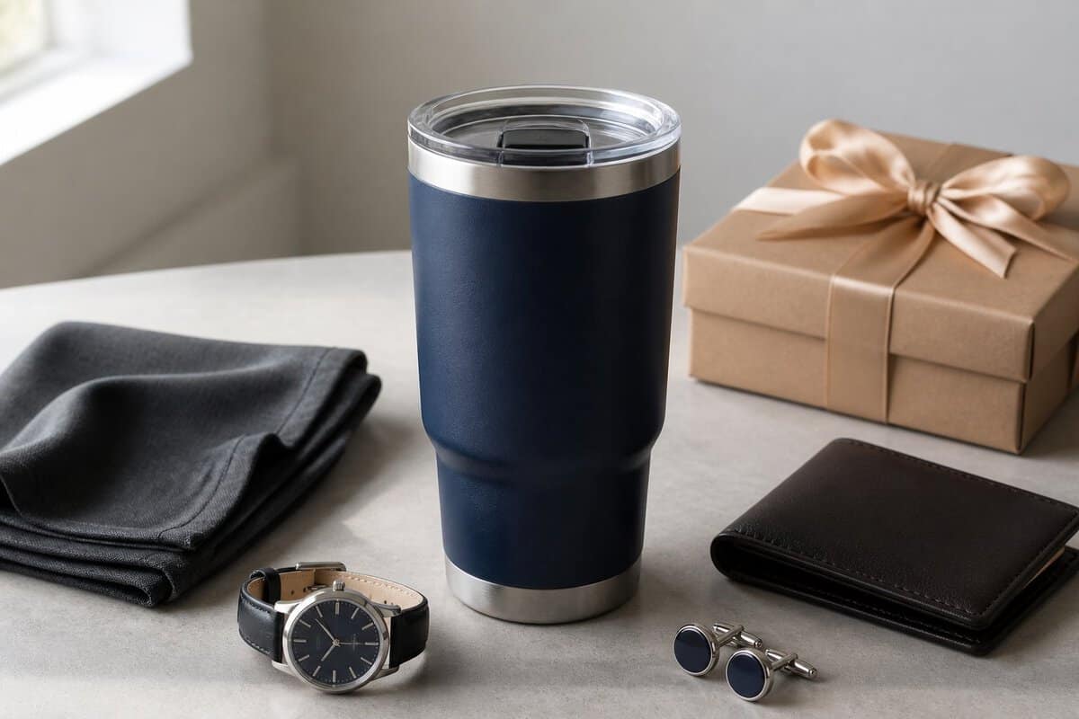 A dark insulated tumbler surrounded by a pocket square, wallet, watch, cufflinks, and a wrapped gift box.