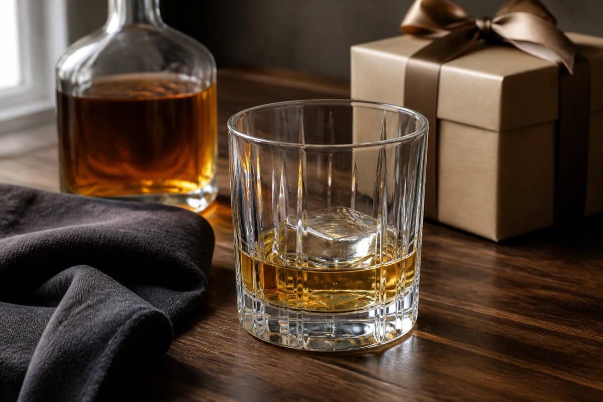 A crystal whiskey glass with amber liquor and ice on a wooden table beside a gift box and whiskey bottle.