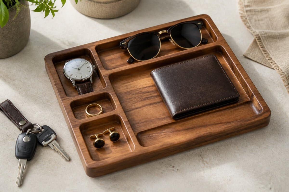 A wooden valet tray holding a watch, cufflinks, wallet, keys, and sunglasses on an elegant tabletop.