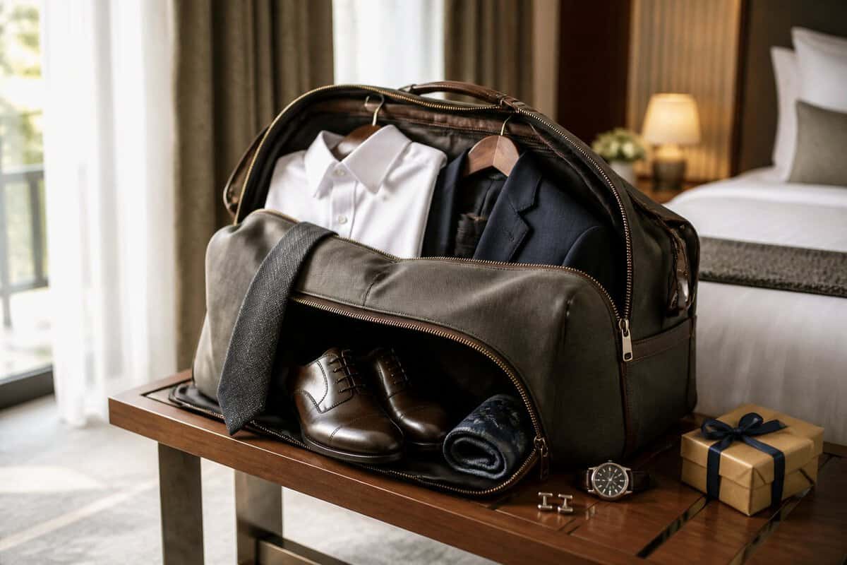 A garment duffle bag containing formal clothing and accessories sits in an elegant dressing area beside a wrapped gift.