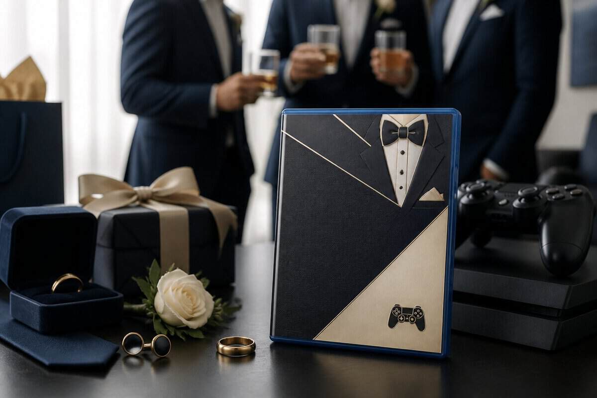 A personalized video game case displayed as a wedding gift beside formal accessories and gaming items.