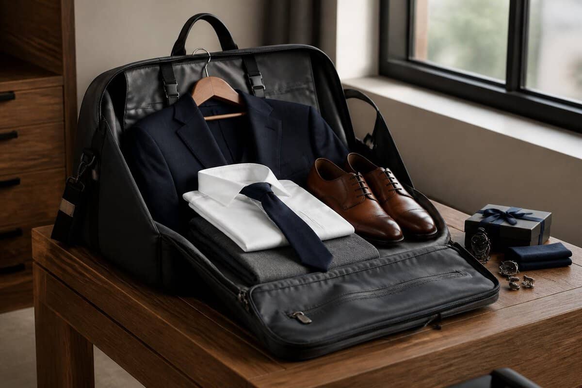 A garment duffle bag sits beside neatly arranged formalwear and wedding accessories on a wooden bench.