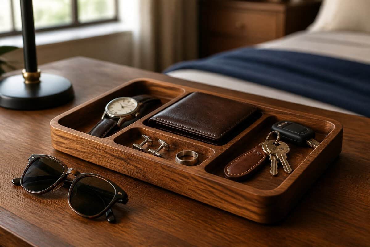 An acacia wood valet tray holding a watch, wallet, cufflinks, keys, and sunglasses on a wooden tabletop.