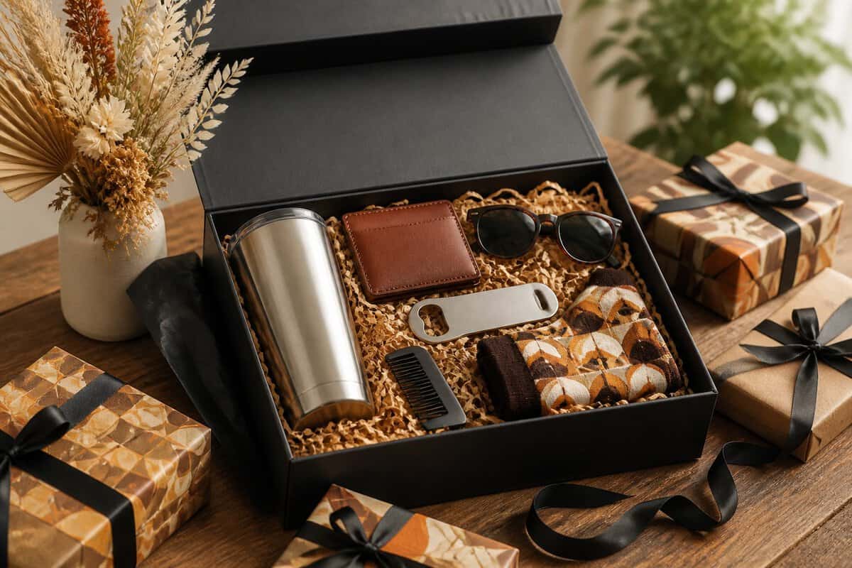 An open premium gift box filled with coordinated gifts on a wooden table, surrounded by wedding-themed decorations.