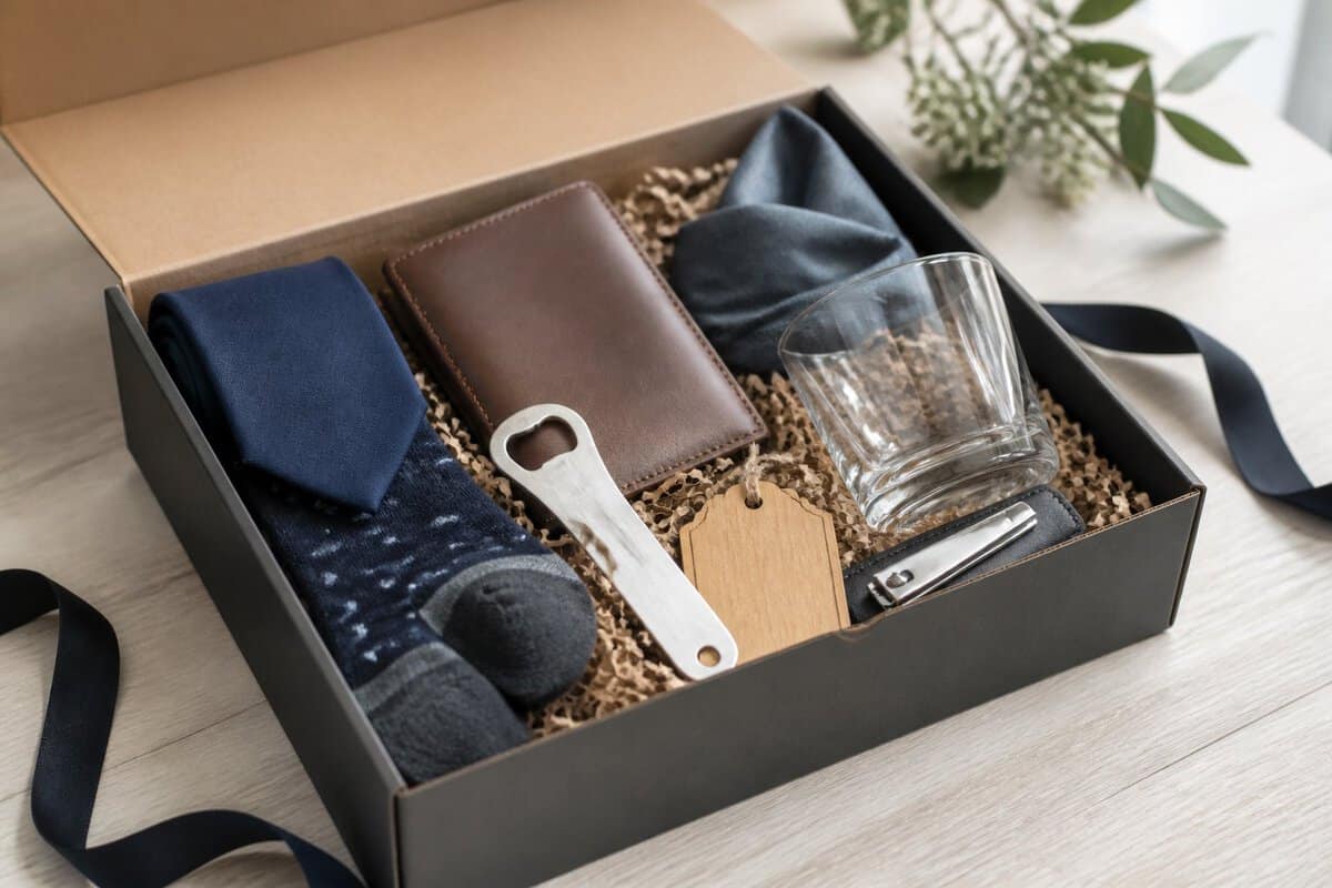 An open curated gift box filled with coordinated gifts for groomsmen on a wooden tabletop.