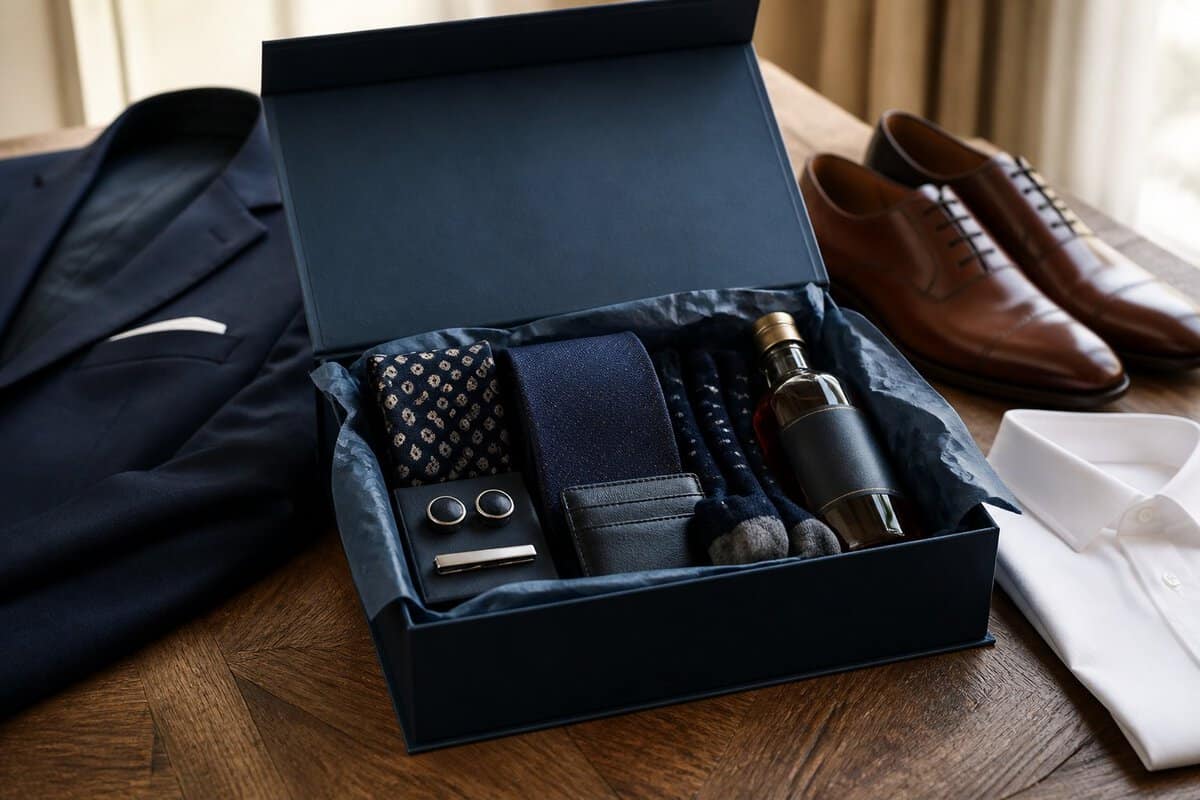 An open gift box filled with coordinated accessories for a groomsmen proposal, arranged beside a suit jacket and dress shoes.