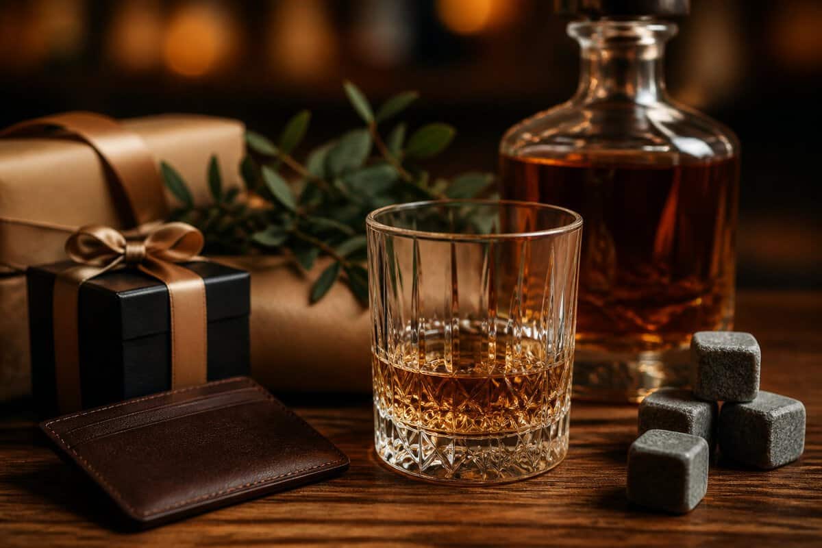 A whiskey glass and gift arrangement on a rustic wooden table with a whiskey bottle, gift box, ribbon, and greenery.