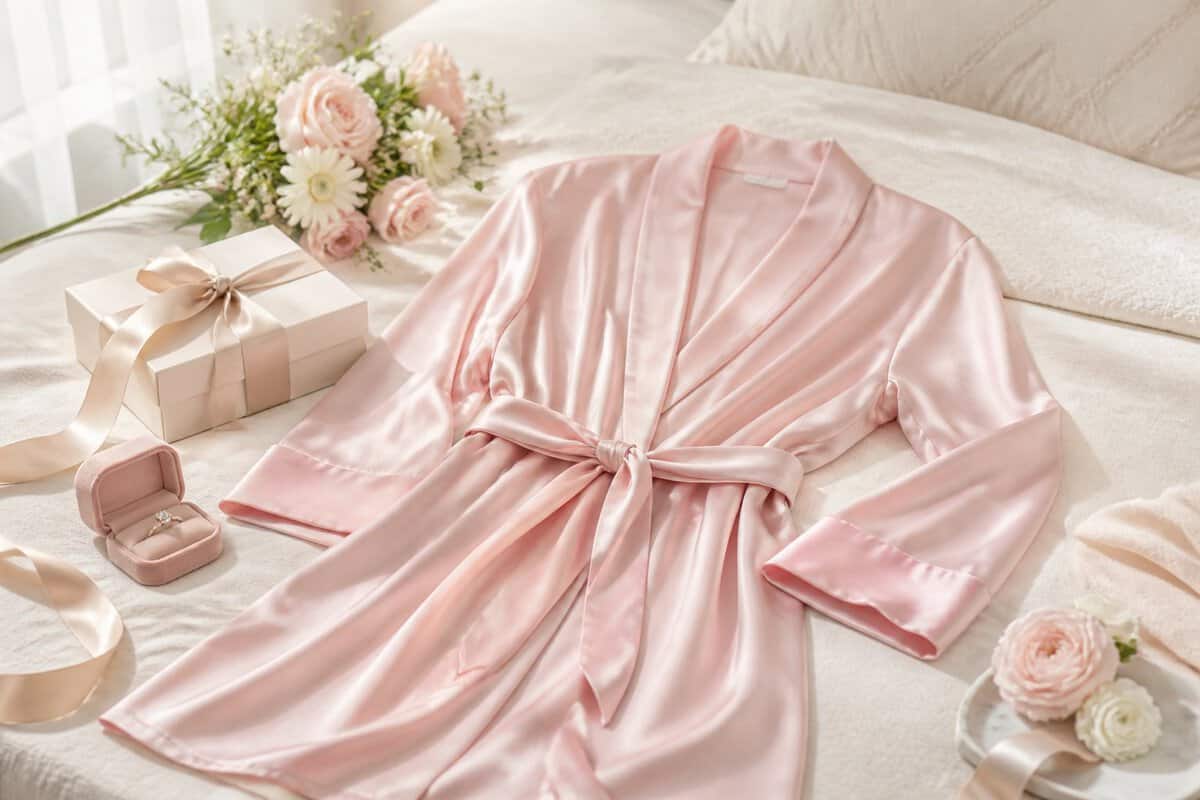 A blush satin robe arranged with flowers and elegant gift accessories.