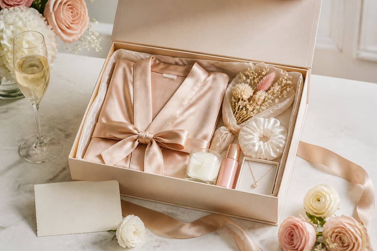 An elegant open bridesmaid gift box filled with coordinated gifts, flowers, and wedding accessories on a light tabletop.