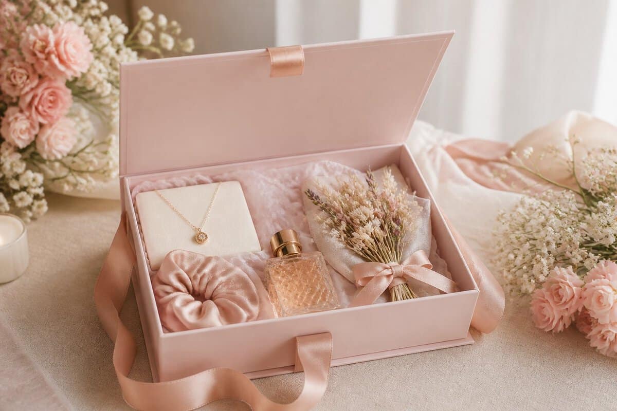 An elegant bridesmaid proposal gift box with a magnetic ribbon closure, filled with small gifts and floral accents.