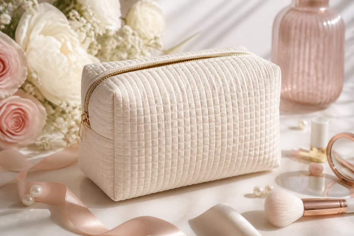 An embroidered waffle cosmetic bag surrounded by flowers, ribbon, and small beauty items on a light tabletop.