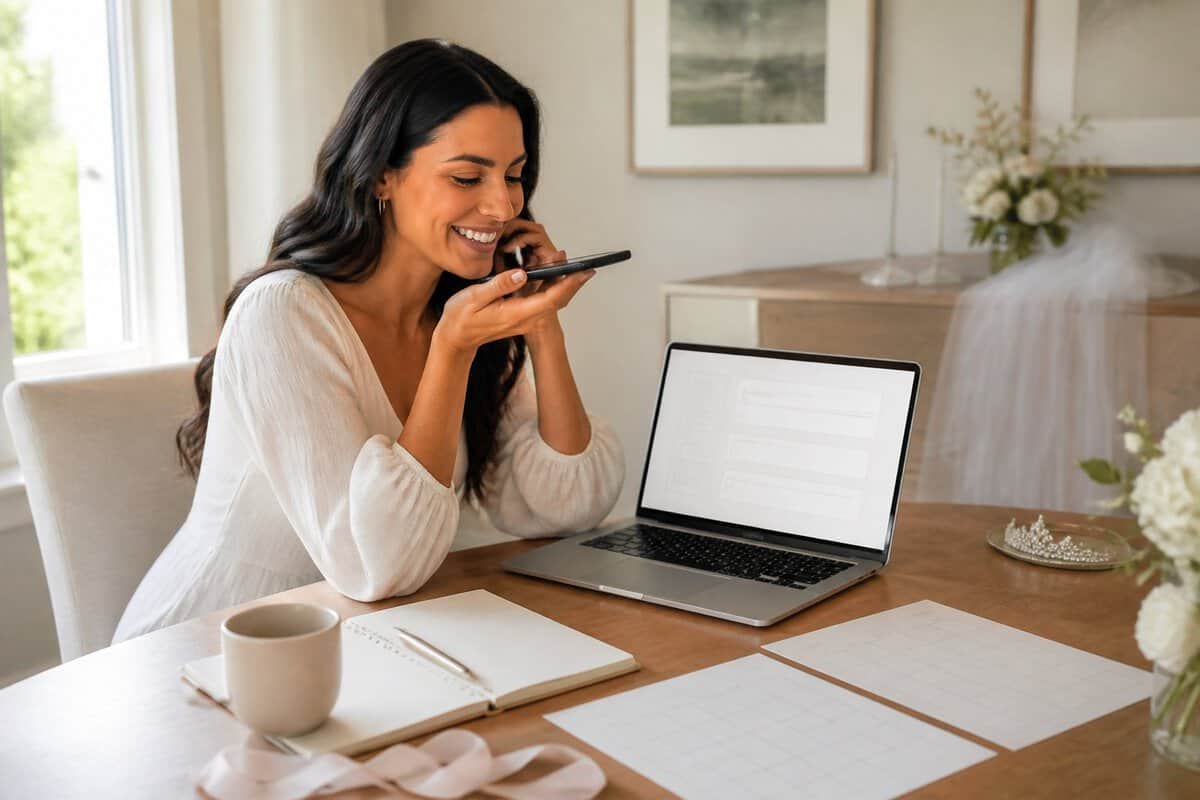 A bride-to-be discusses bachelorette party preferences with a friend while reviewing a blank form on a laptop.
