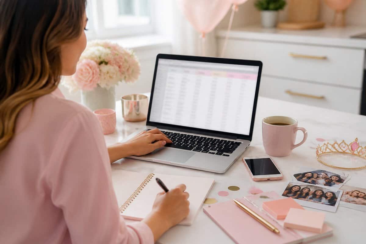 A person reviews a guest list on a laptop at a party-planning workspace.