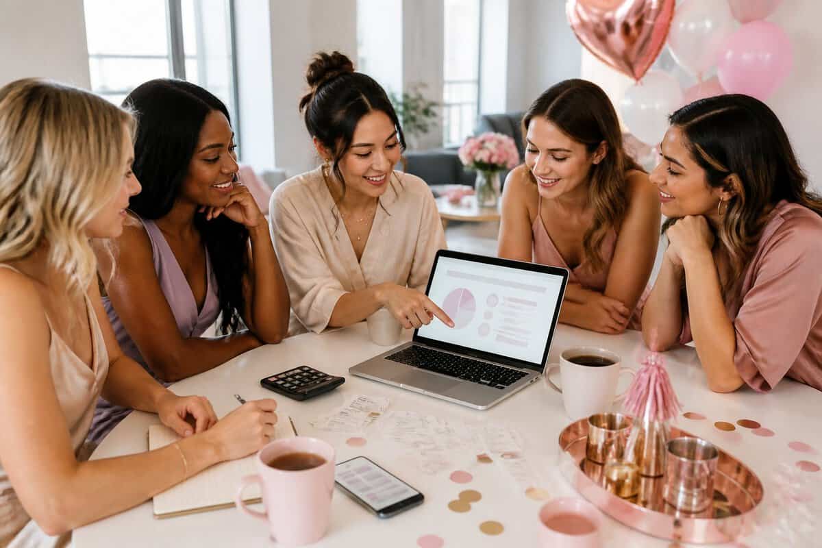 A group of women planning a bachelorette party budget together around a table.