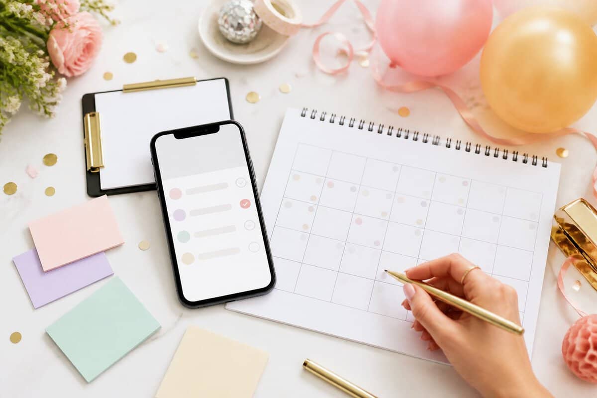A person compares possible party dates on a smartphone beside a blank calendar and colorful planning supplies.