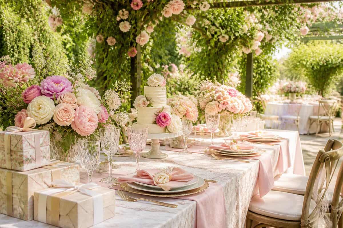 An elegant bridal shower garden table decorated with spring flowers, pastel linens, place settings, gifts, and a small floral cake.