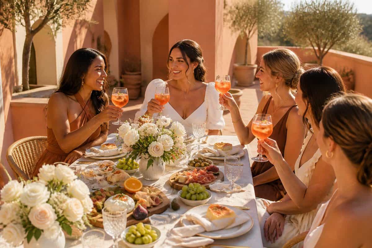 Women celebrate a bridal shower with Italian appetizers and sparkling drinks on a sunny Mediterranean terrace.