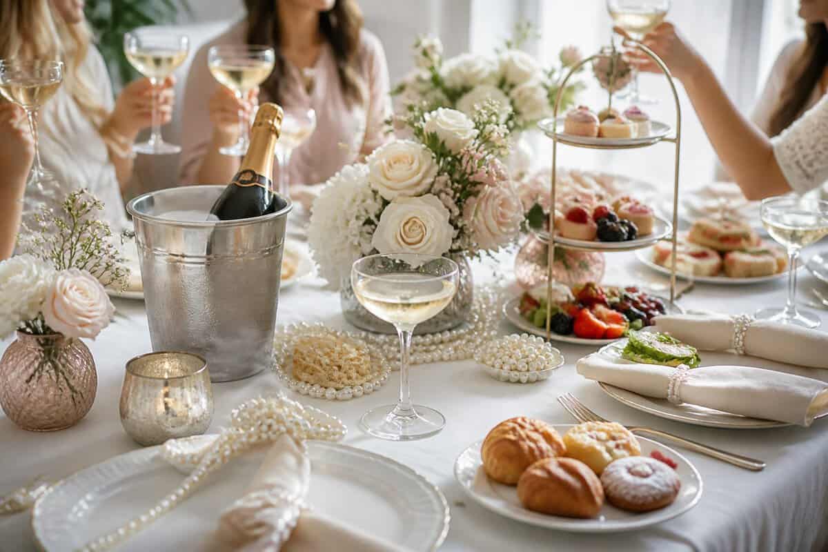 An elegant bridal shower brunch table with sparkling drinks, pearl decorations, flowers, pastries, and guests raising glasses.