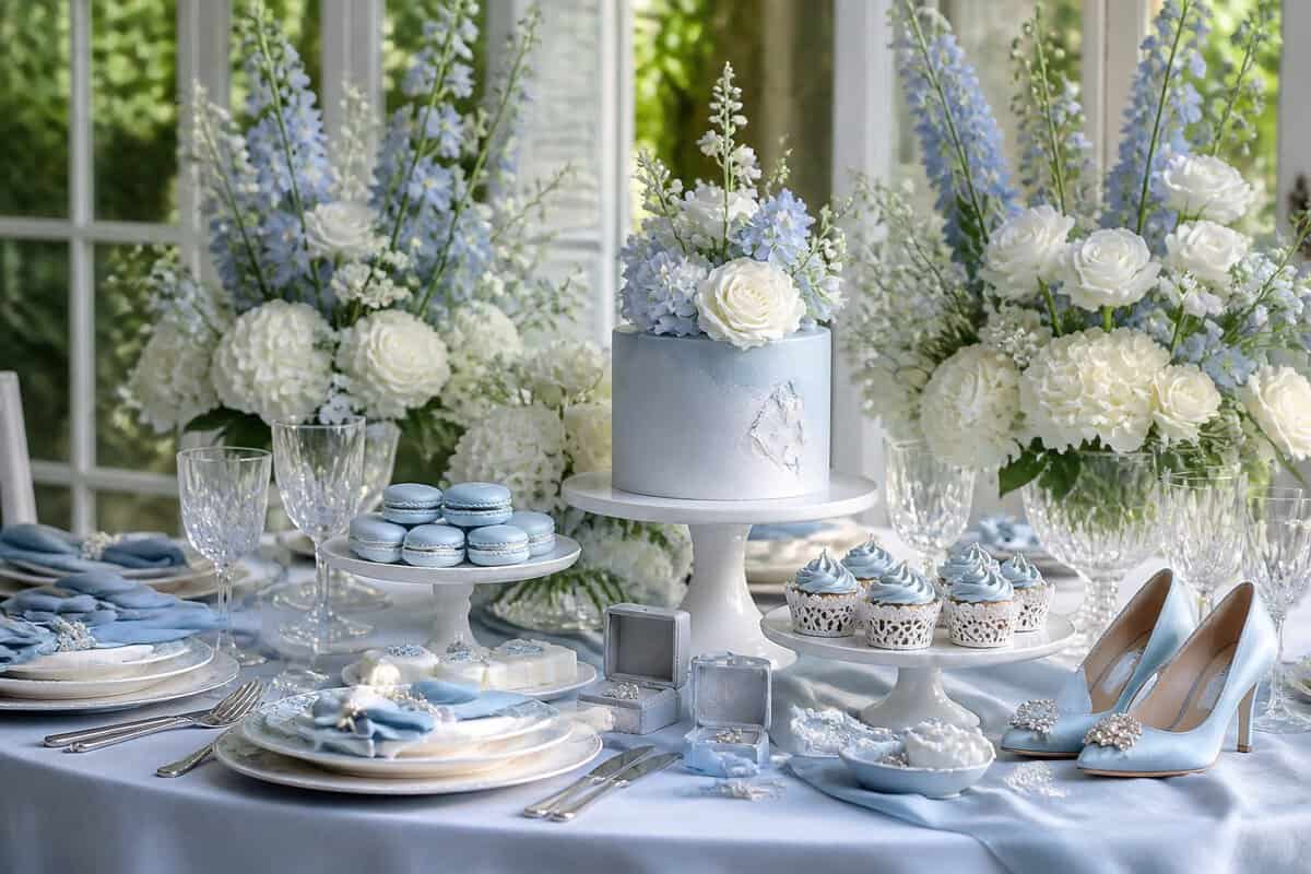An elegant blue-and-white bridal shower dessert table decorated with flowers, pastries, glassware, and bridal accessories.