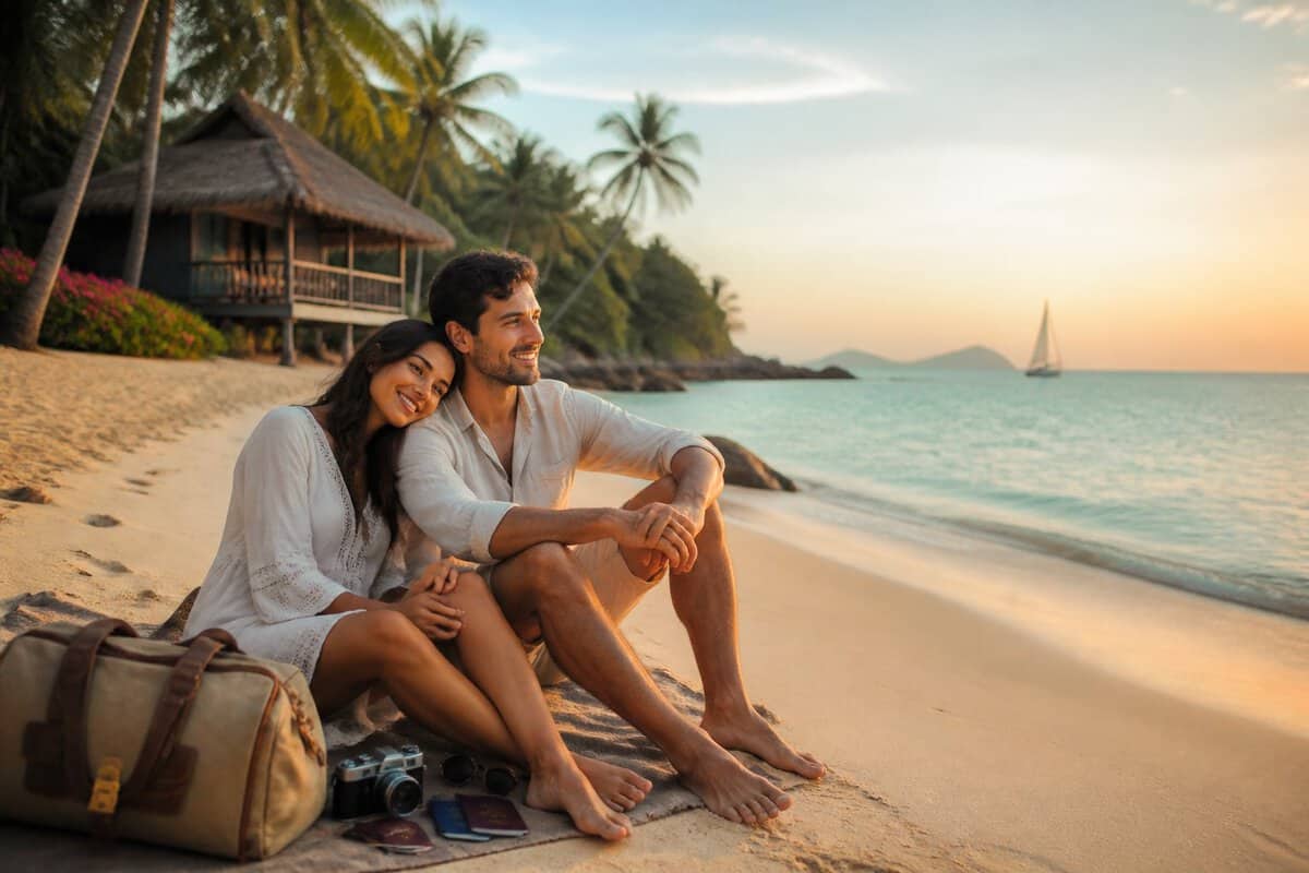 A newlywed couple relaxes together on a sunny tropical beach beside a beachfront bungalow.