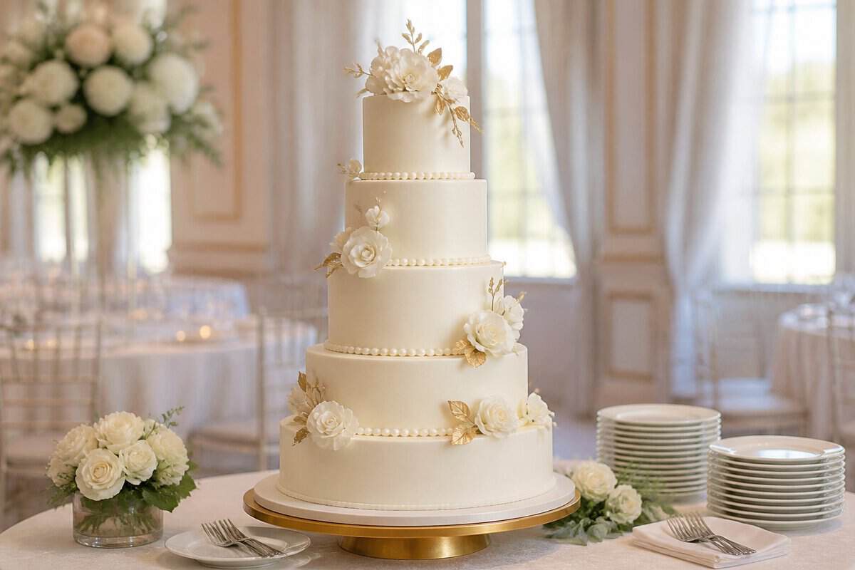 A five-tier white wedding cake decorated with flowers and gold accents on a reception table.