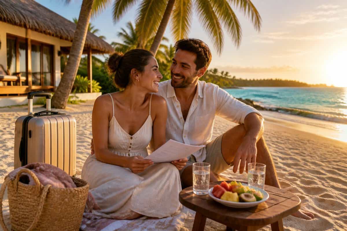 A newlywed couple relaxes on a tropical beach beside a modest resort bungalow and packed suitcase.