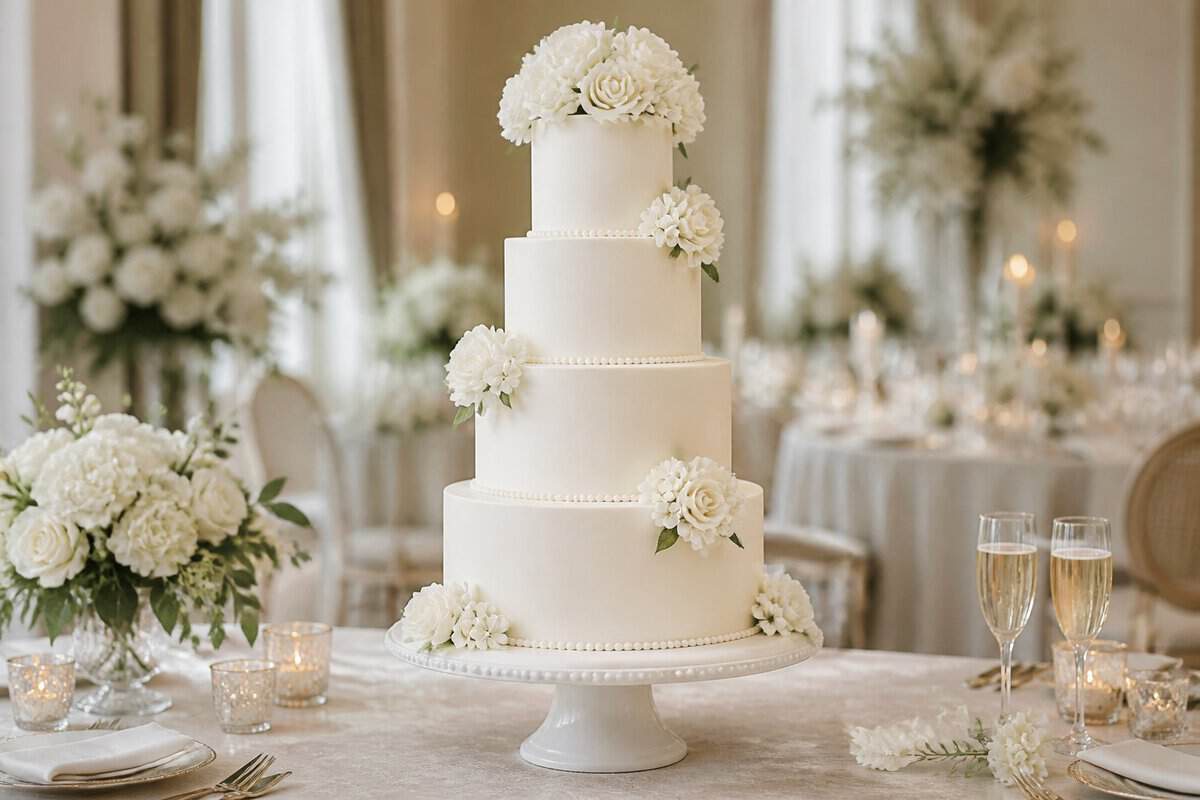 A five-tier white wedding cake displayed on an elegant reception table.