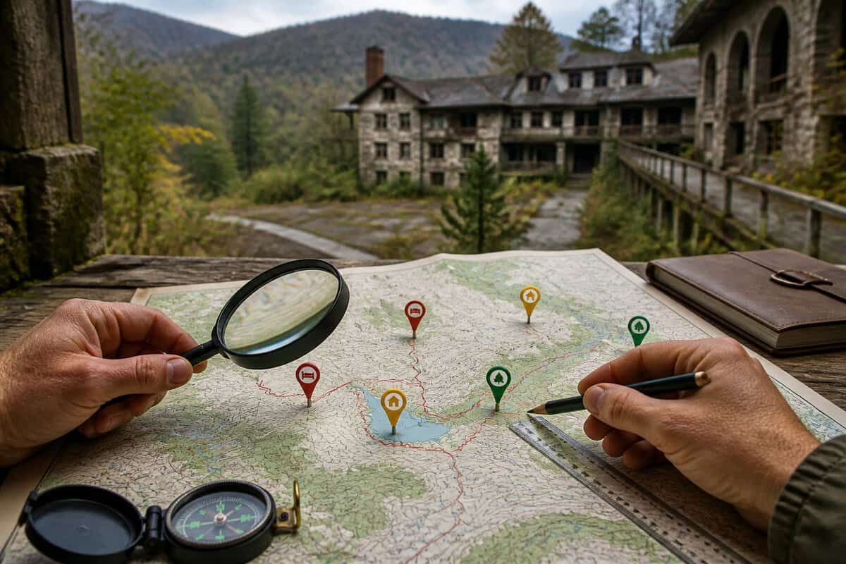 Hands study a detailed map with colored location markers and navigation tools on a wooden table, with a wooded abandoned resort visible in the background.