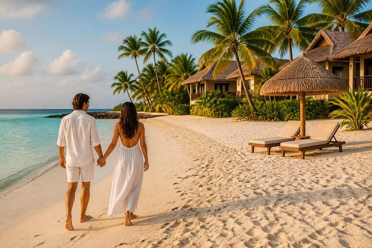 A newlywed couple walks hand in hand along a quiet Caribbean beach beside a tropical resort.