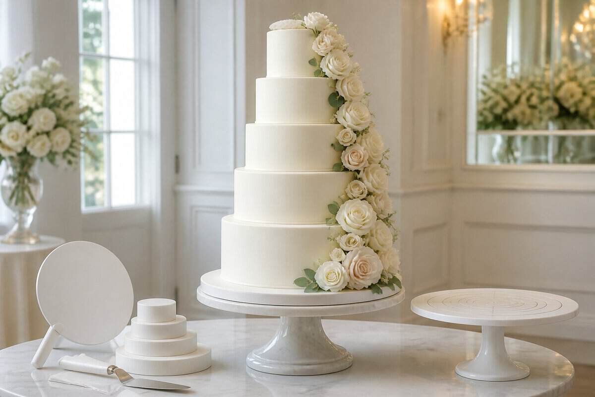 A five-tier white wedding cake displayed on a cake stand beside simple measuring tools.