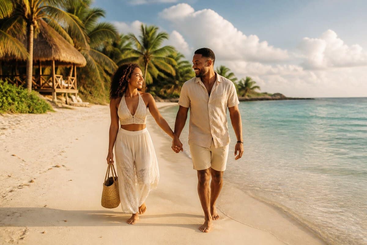 Newlywed couple walking hand in hand along a tropical beach with turquoise water and palm trees.