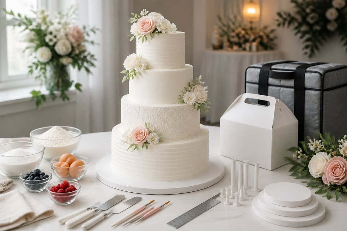 A five-tier white wedding cake surrounded by baking ingredients, decorating tools, and delivery supplies on an elegant table.
