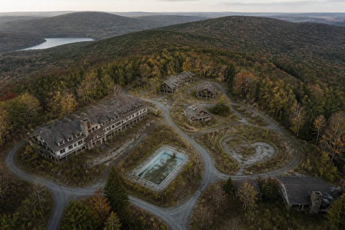 An abandoned honeymoon resort surrounded by forests and rolling mountains in the Pocono region.