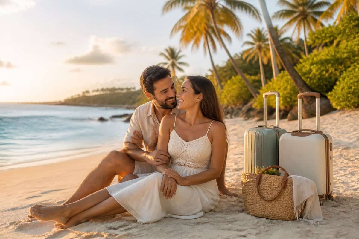 Newlywed couple relaxing on a tropical Puerto Rico beach beside their travel bags.