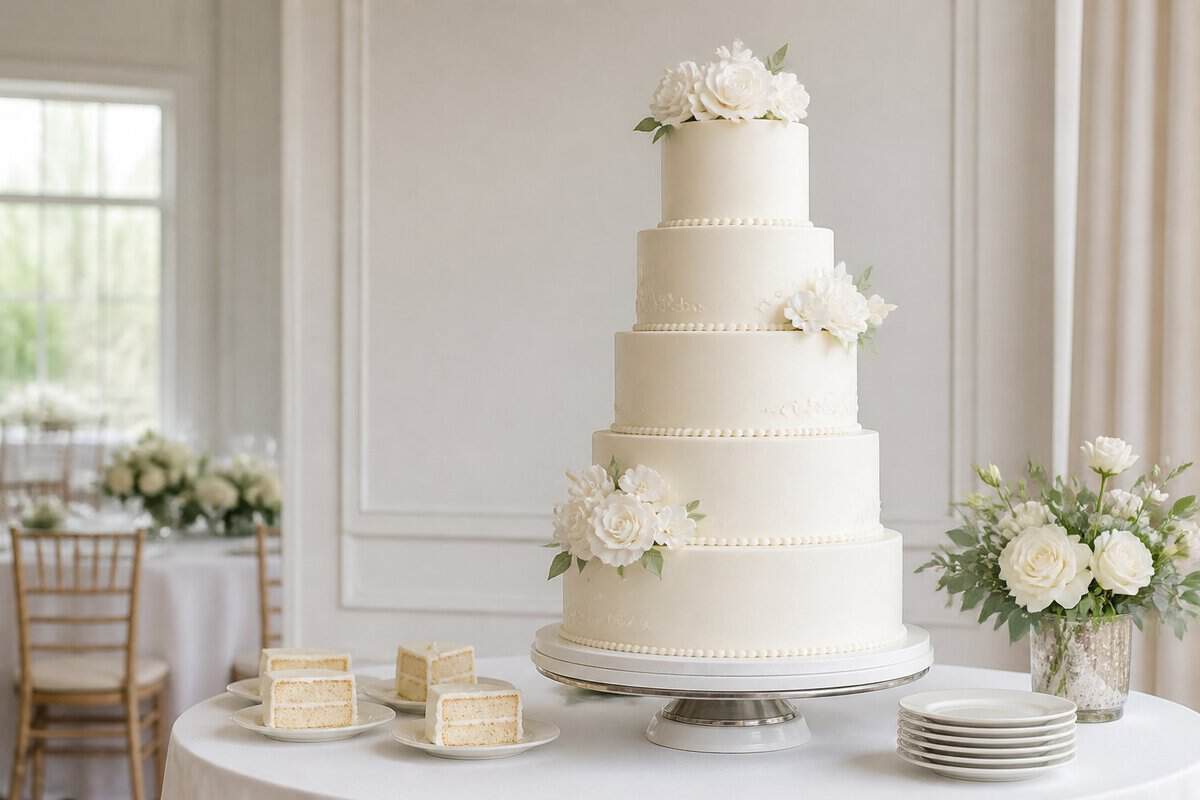 A five-tier white wedding cake sits on a dessert table in an elegant reception setting.