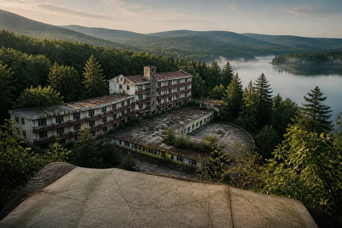An abandoned honeymoon resort surrounded by forest and mountains, with a vintage map in the foreground.
