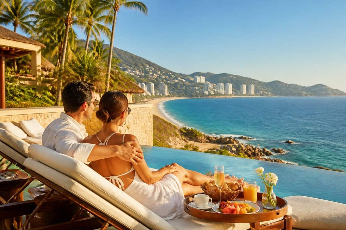 A newlywed couple relaxes at a tropical beachfront resort overlooking Acapulco's coastline.