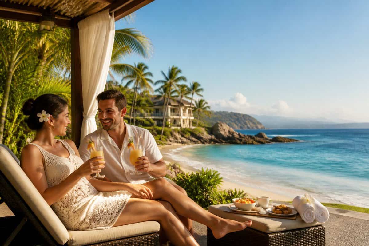 Newlywed couple relaxing with tropical drinks at a beachfront resort in Acapulco.