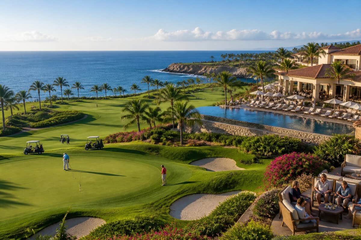 Adults enjoying golf and resort amenities at a luxurious tropical coastal resort.