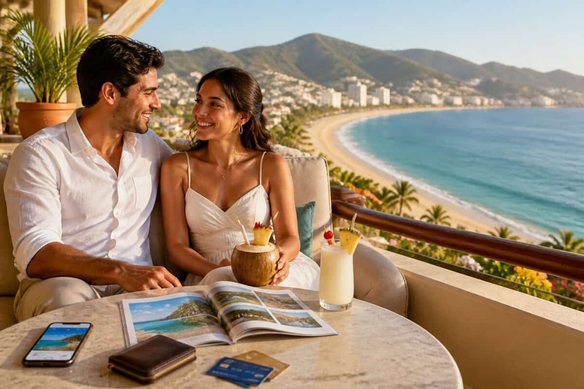Newlywed couple relaxing on a resort terrace overlooking Acapulco Bay with travel-planning items on a nearby table.