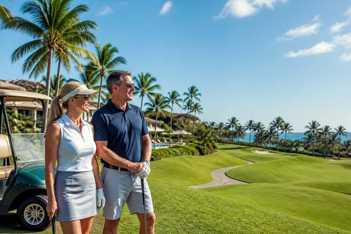 Two adults in golf attire stand beside a manicured golf course at a tropical resort.