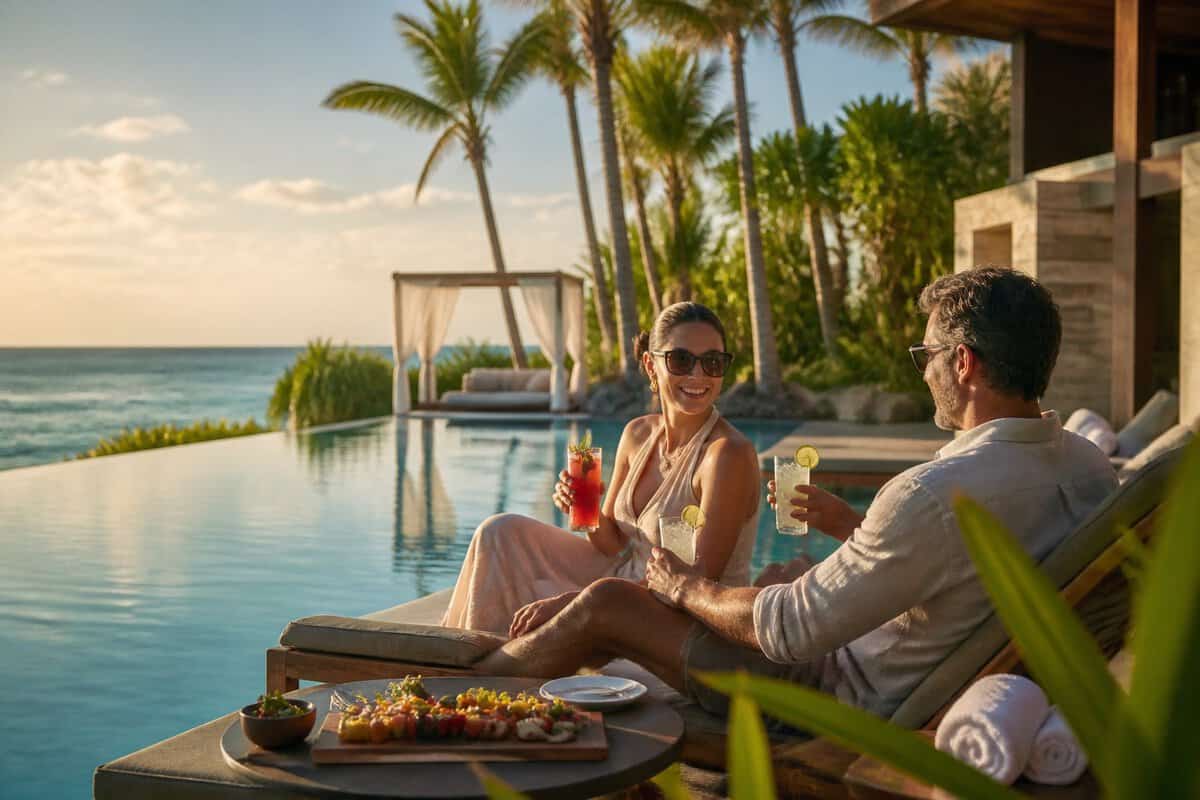 Two adults relax beside an infinity pool at a tropical resort overlooking the ocean.