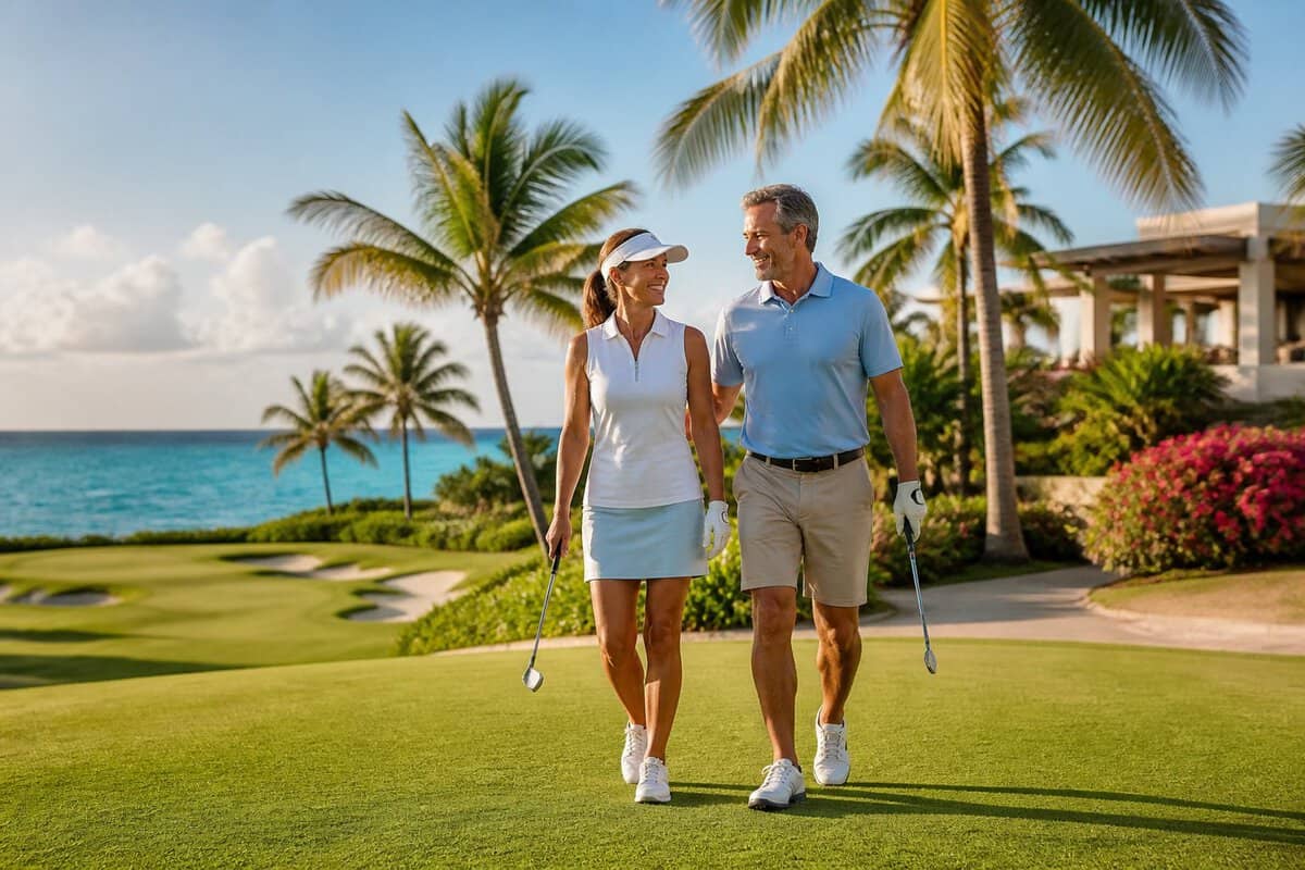 A couple in golf attire walking together on a lush tropical golf course beside a Caribbean resort.