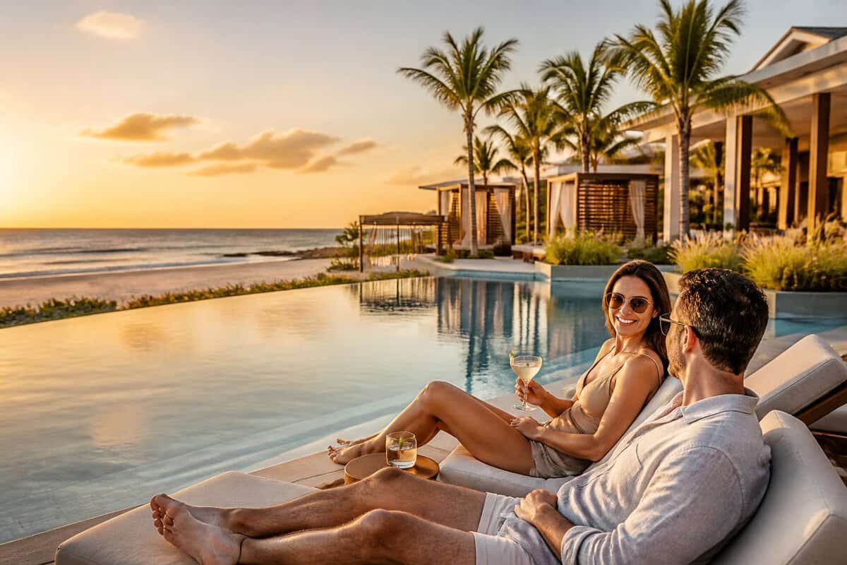 An adult couple relaxes beside an infinity pool at a tropical beachfront resort.