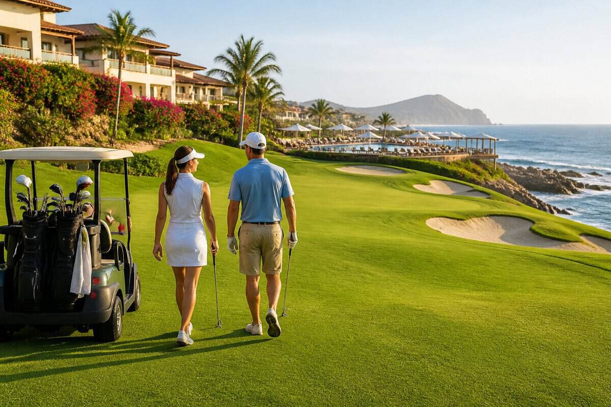 Two golfers walk beside a manicured course overlooking a luxurious beachfront resort and turquoise ocean.